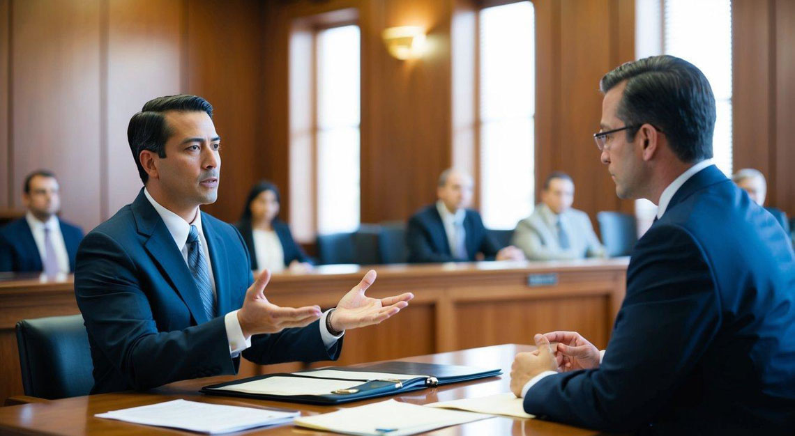 A courtroom scene with a lawyer presenting evidence and arguing to avoid jail time for a client facing a DUI charge in Arizona